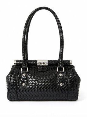 Black Woven Shoulder Bag Faux Leather Silver Clasp Classic Handbag